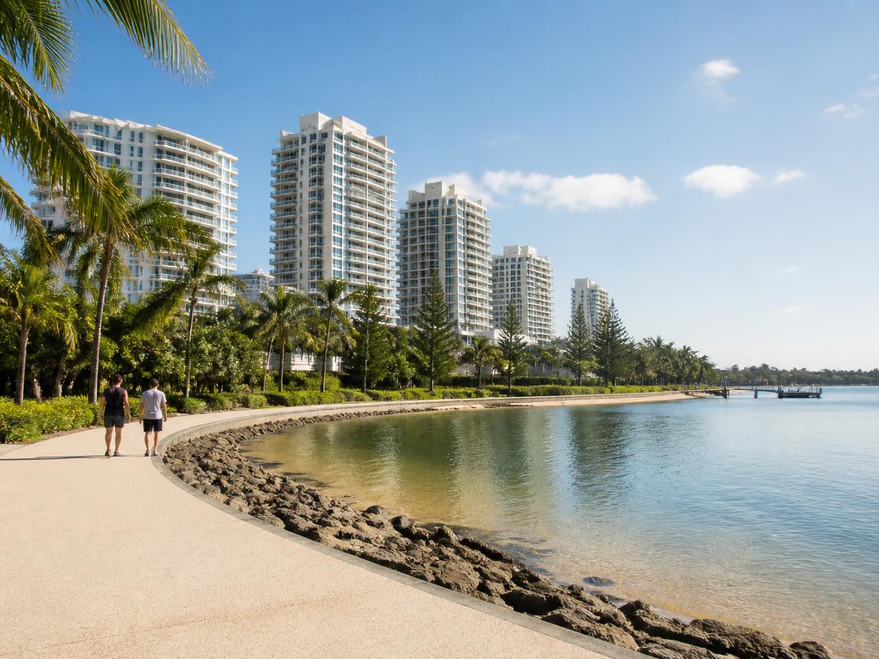 Main Beach Gold Coast waterfront apartment towers, lagoon and beachfront on a clear day