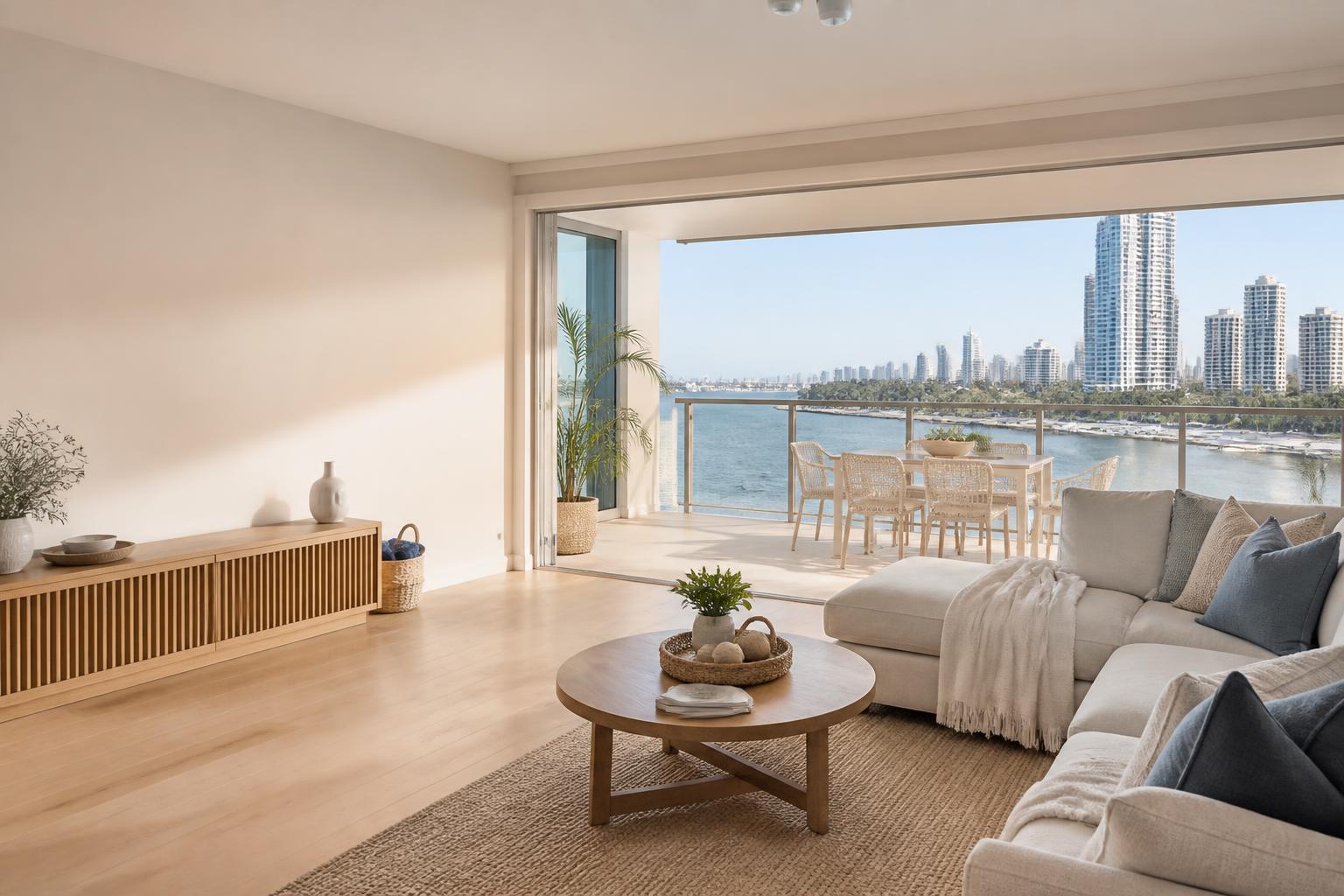 Calm, organised Main Beach apartment living room overlooking the Gold Coast waterfront