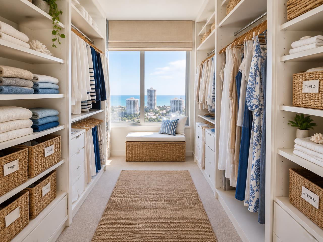 The same Main Beach walk-in wardrobe after a Tidy Nest session: neatly folded stacks, colour-ordered hanging clothes and labelled woven baskets